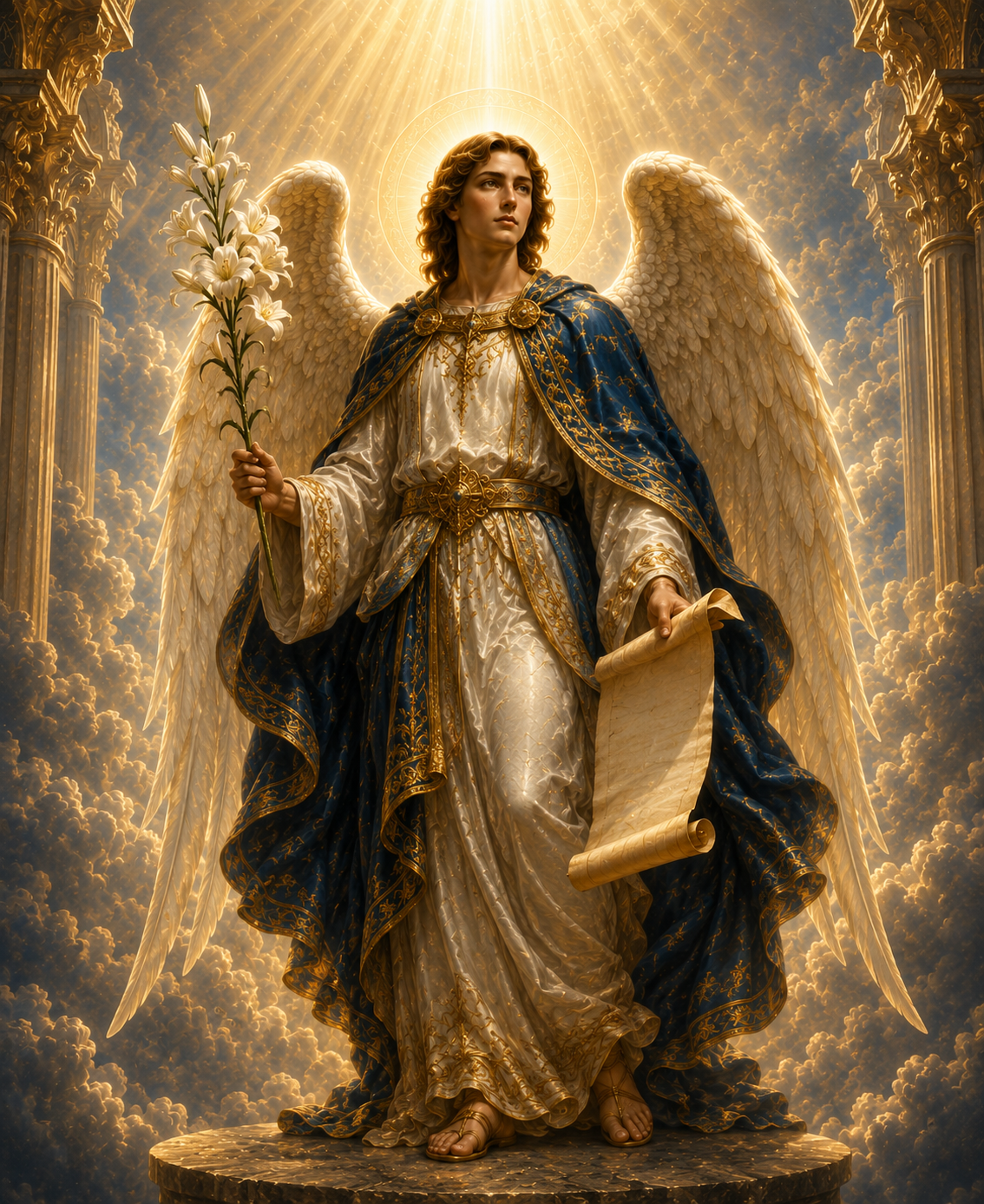 São Gabriel Arcanjo com lírio e pergaminho